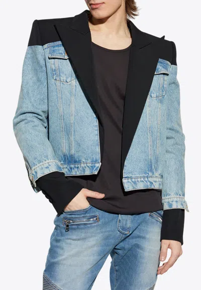 Balmain Cropped Denim And Grain De Poudre Jacket In Blue