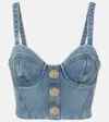 Balmain Button-embellished Denim Bustier Top In Blue