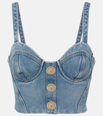 Balmain Cropped Denim Bustier In Blue