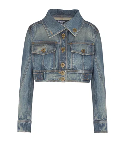 Balmain Cropped Denim Jacket In Blue