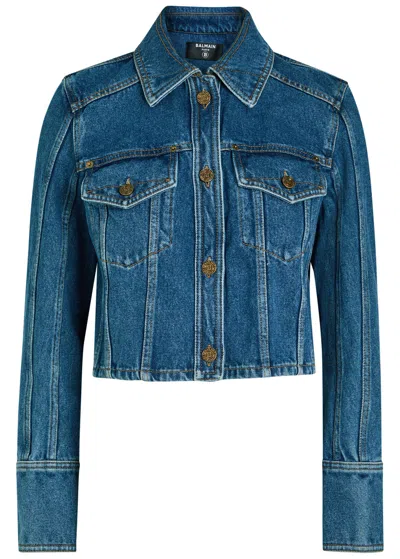 Balmain Cropped Denim Jacket In Blue