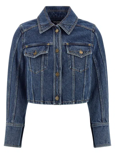 Balmain Cropped Denim Jacket In Blue