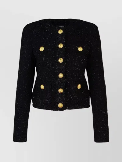 Balmain Cropped Double-breasted Textured Blend Jacket In Black