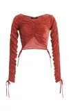 Balmain Orange Ls Cropped Draped Jersey Top In Brown