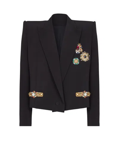 Balmain Cropped Embroidered Jacket In Black
