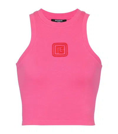 Balmain Cropped Tank Top With Retro Pb Embroidery In Pink