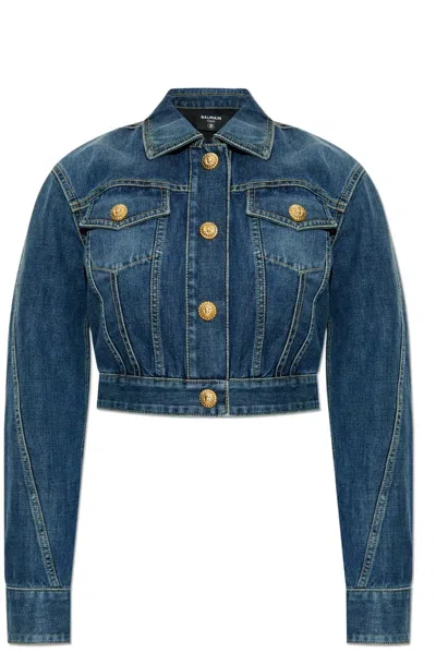 Balmain Blue Cropped Faded Denim Jacket In 6kd Bleu Jean Brut