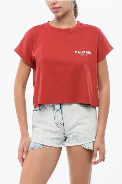 Balmain Cropped Fit T-shirt With Embroidered Logo In Brown