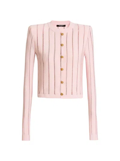 Balmain Cropped Fléchage Knit Cardigan In Pink