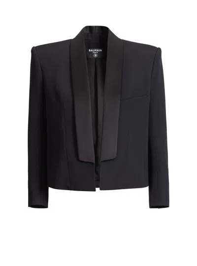 Balmain Cropped Grain De Poudre Jacket In Black