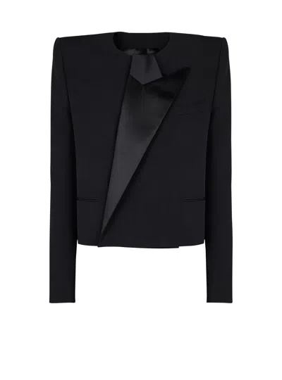 Balmain Cropped Grain De Poudre Jacket With Asymmetrical Collar In Black