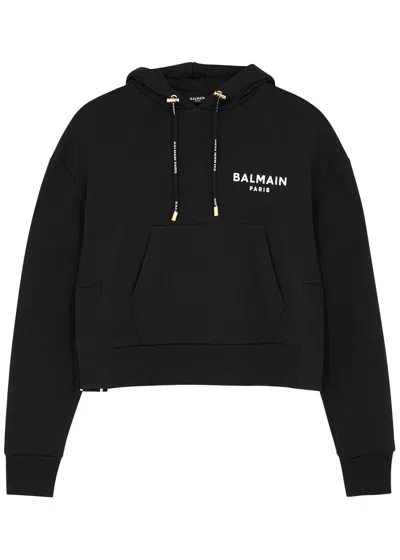 Balmain Cropped Hooded Cotton Sweatshirt In Black And White