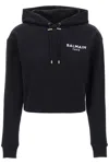Balmain Flocked Logo Cropped Hoodie Sweatshirt In Black
