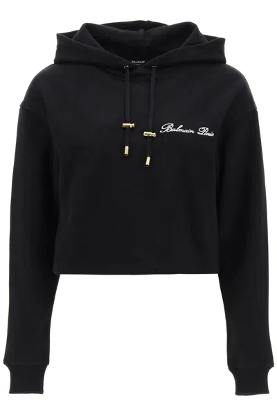 BALMAIN BALMAIN CROPPED HOODIE WITH LOGO EMBROIDERY