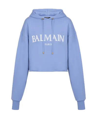 Balmain Cropped Hoodie With Rubber Roman  Logo In Blue