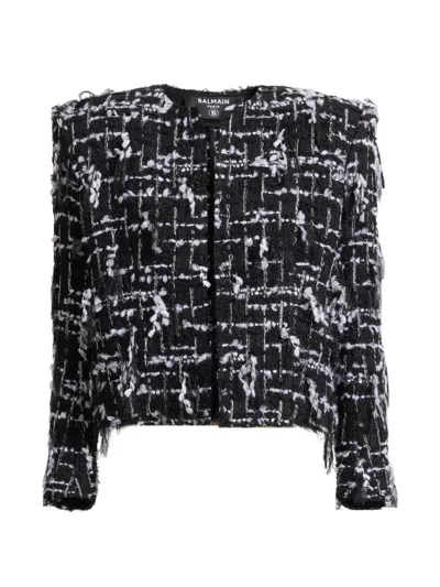 Balmain Cropped Jacket In Fringed Tweed In Black