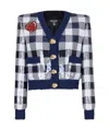 Balmain Cropped Jacket In Gingham Sequins In Blue