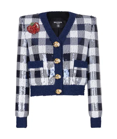 Balmain Cropped Jacket In Gingham Sequins In Blue