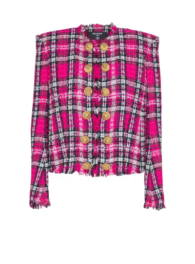 Balmain Cropped Jacket In Glitter Plaid Tweed In Pink