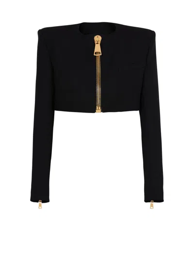 BALMAIN CROPPED JACKET IN GRAIN DE POUDRE WOOL