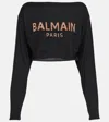 Balmain Wool Knit Boat Neck Logo Cropped Sweater In Noir/camel/nude