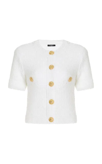 Balmain Short Sleeve Buttoned Pocket Knit Cardigan In White