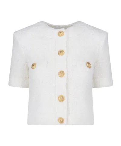 Balmain Cropped Knitted Cardigan In White