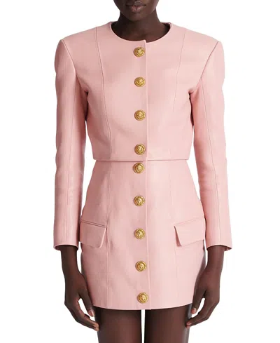 Balmain Women Long Sleeves Buttoned Lambskin Cropped Jacket In Pink