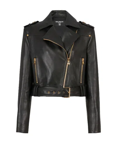 Balmain Cropped Leather Biker Jacket In Black