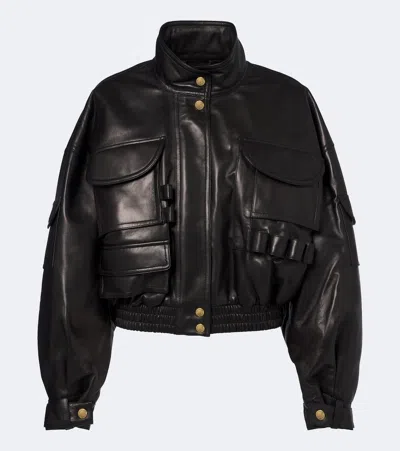 Balmain Cropped Leather Jacket In Black