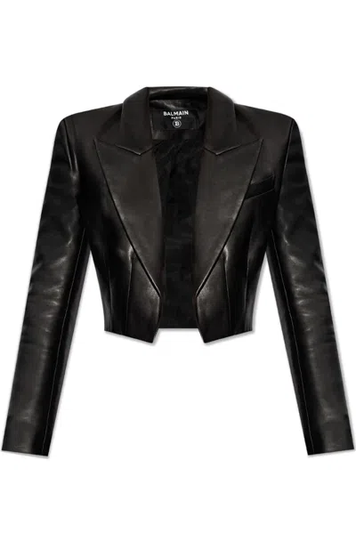 Balmain Leather Cropped Jacket In Black