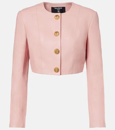 Balmain Long Sleeves Buttoned Lambskin Cropped Jacket In Pink