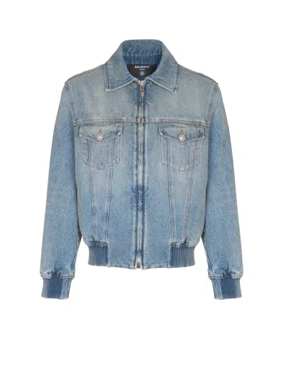Balmain Cropped Lined Denim Jacket In Blue