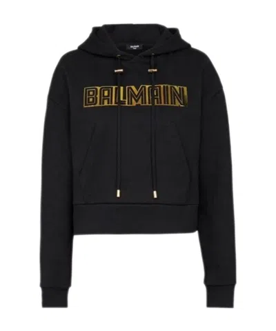 Balmain Cropped Logo-embossed Hoodie In Black