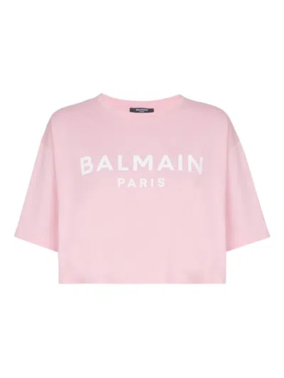 Balmain Logo-print Crop T-shirt In Pink
