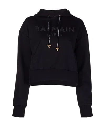 Balmain Cropped Logo-studded Hoodie In Black