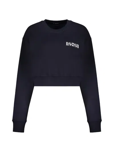 Balmain Dark Blue Crop Sweatshirt With Logo