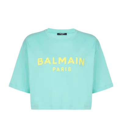 Balmain Logo-print Cropped T-shirt In Blue