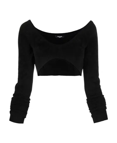 Balmain Cropped Long-sleeve Top In Black