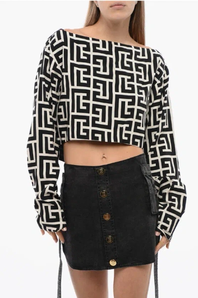 Balmain Cropped Long Sleeved Top With Monogram Pattern In Multi | ModeSens