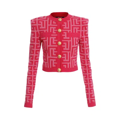 Pre-owned Balmain Cropped Maxi Monogram Knitted Cardigan 'pink' | Women's Size 40
