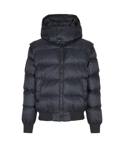 Balmain Cropped Monogram Jacquard Padded Jacket In Black