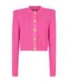 Balmain Cropped Monogrammed Knit Cardigan In Pink