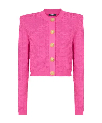 BALMAIN CROPPED MONOGRAMMED KNIT CARDIGAN