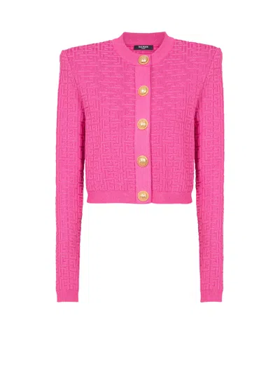 BALMAIN CROPPED MONOGRAMMED KNIT CARDIGAN