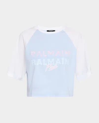Balmain Paris Print Crew Neck Cropped T-shirt In Blue