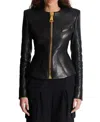 Balmain Cropped Peplum Lambskin Jacket In Black