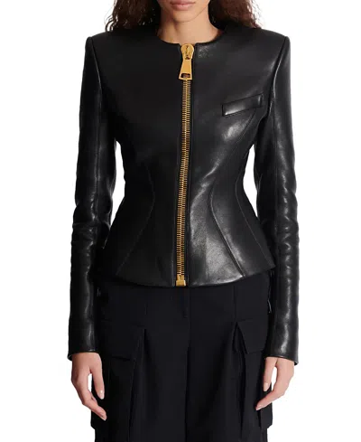 Balmain Cropped Peplum Lambskin Jacket In Black