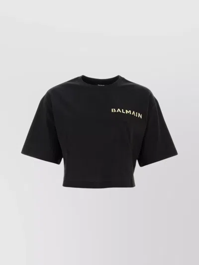 Balmain Cropped Ribbed Crew-neck T-shirt In Black