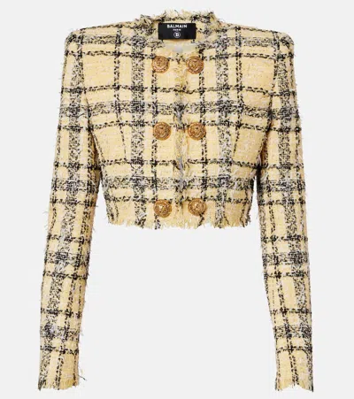 Balmain Paillette Check Eyelash Tweed Crop Jacket In Brown